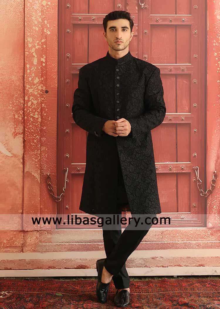 Black luxury self woven groom formal occasion sherwani